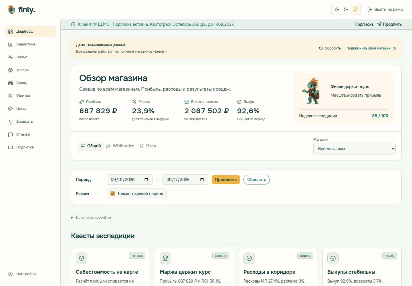Скриншот раздела «Обзор» настоящего кабинета Finly с вымышленными данными магазинов «Берег»